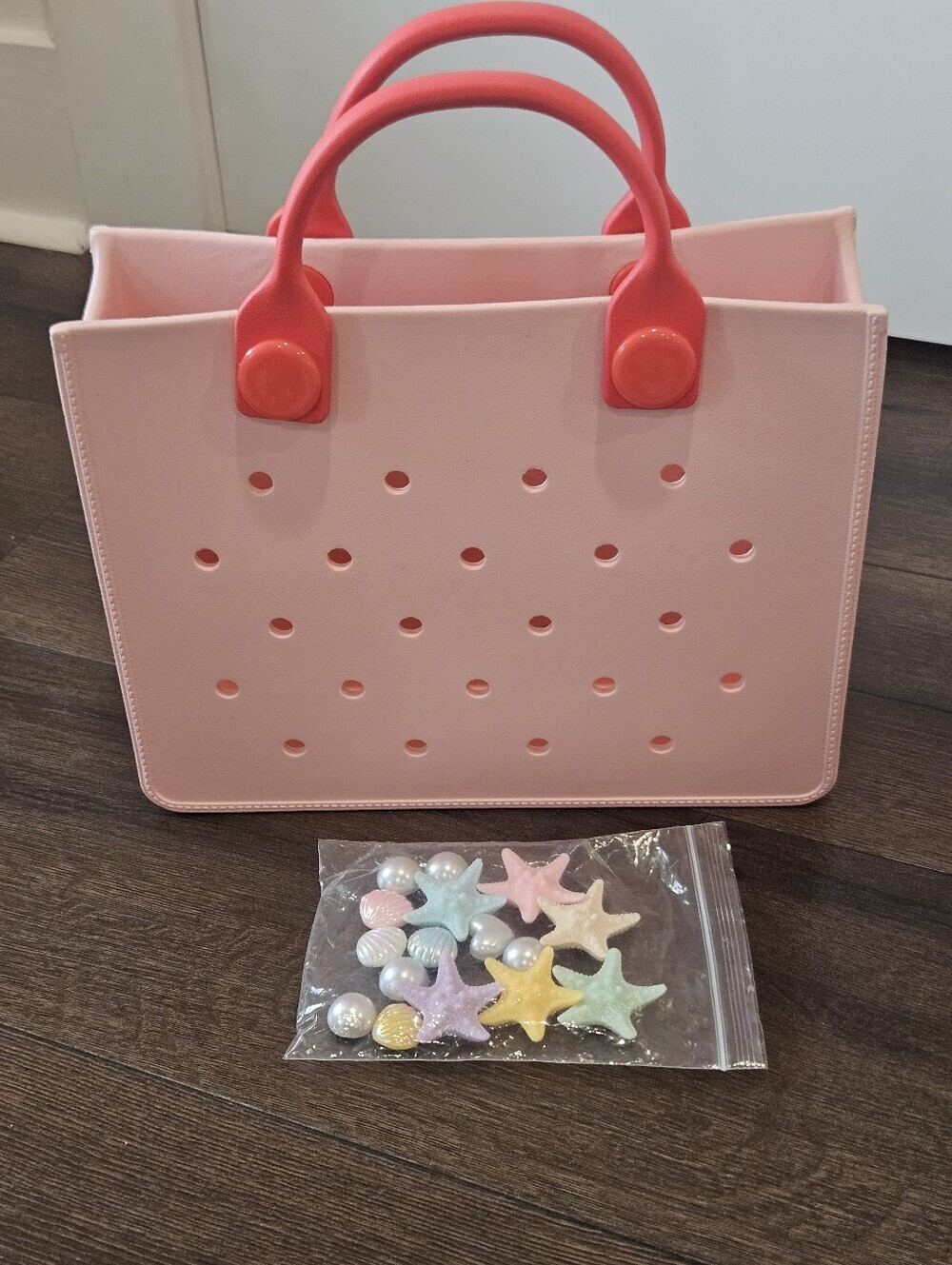 NEW Perforated EVA Waterproof Pink Tote Bag Coral Red Handles + Embellishments
